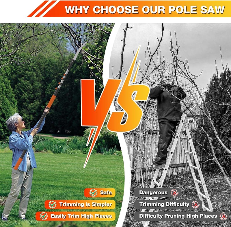 AgiiMan 15FT Reach Pole Saws for Tree Trimming, Pole Saw with 3-12FT Telescoping Extension Pole, Pruning Saw with 19" 3X Detachable Saw, Non-Slip Handle, Tree Trimmer for Garden Palms Shrubs - Image 2